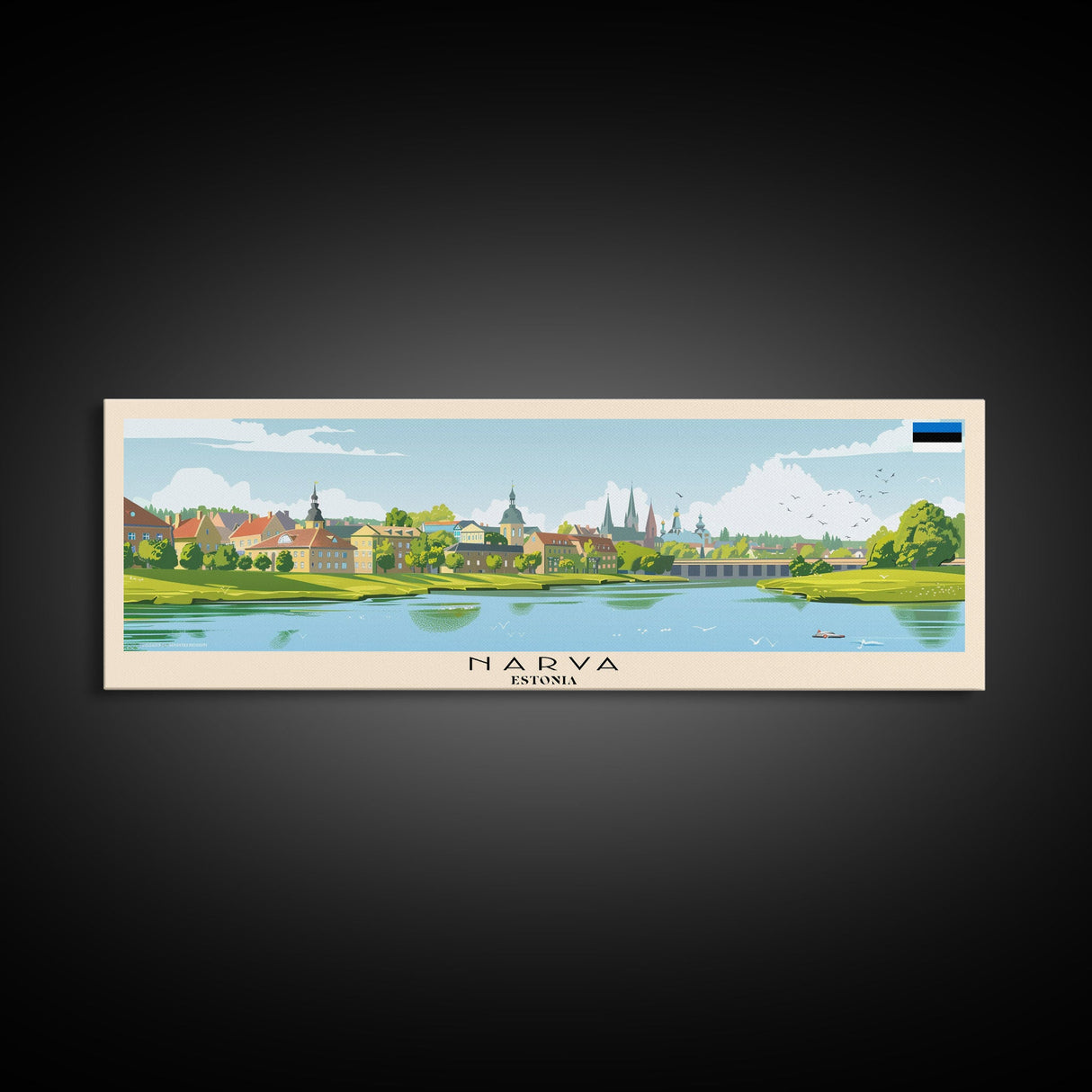 Narva Estonia Panoramic Travel Poster, Framed Canvas Print or Metal Wall Art, Travel Art, Home Decor, Panoramic Painting, Midcentury Art