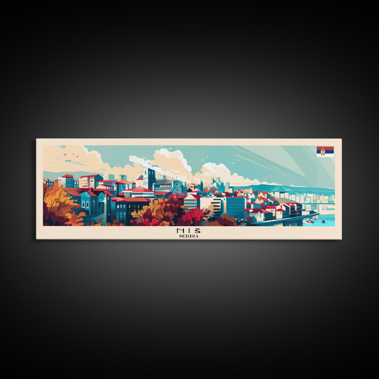 Niš Serbia Panoramic Travel Poster, Framed Canvas Print or Metal Wall Art, Travel Art, Home Decor, Panoramic Painting, Midcentury Art