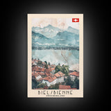 Biel/Bienne Switzerland Travel Poster Framed Canvas Print, Watercolor Painting, Wall Art, Home Decor, Scenic Travel Print