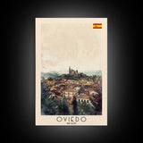 Oviedo Spain Travel Poster Framed Canvas Print, Watercolor Painting, Scenic Wall Art, Home Decor, Spanish Cityscape, Classic Art
