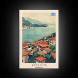 Volos Greece Travel Poster Framed Canvas Print, Watercolor Painting, Coastal Wall Art, Home Decor, Greek Seaside, Mediterranean Art