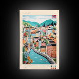 Bergen Norway Travel Poster Framed Canvas Print, Midcentury Modern Art, Pop Art Wall Decor, Home Decor, Vacation Gift, Living Room Art