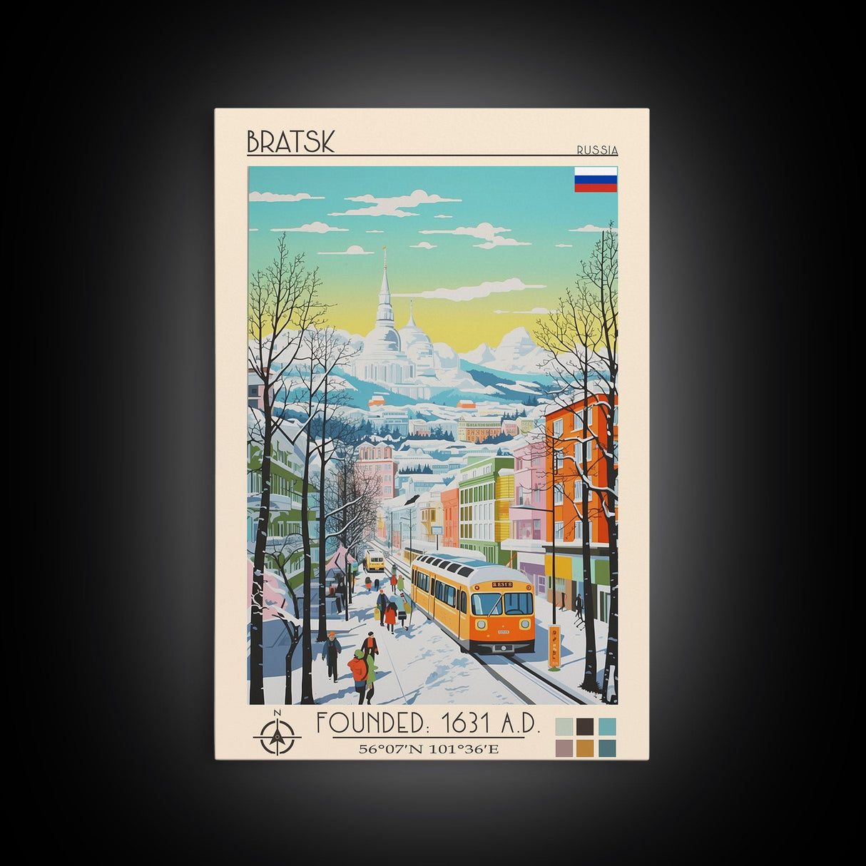 Bratsk Russia Travel Poster Framed Canvas Print, Midcentury Modern Art, Pop Art Wall Decor, Home Decor, Vacation Gift, Living Room Art