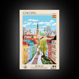 Jönköping Sweden Travel Poster Framed Canvas Print, Midcentury Modern Art, Pop Art Wall Decor, Home Decor, Vacation Gift, Office Art