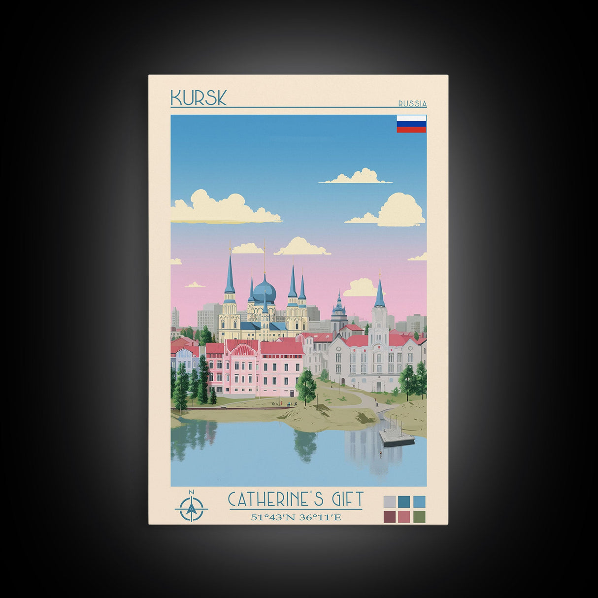 Kursk Russia Travel Poster Framed Canvas Print, Midcentury Modern Art, Pop Art Wall Decor, Scenic Bedroom Art, Office Decoration