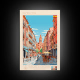 Pamplona Spain Travel Poster Framed Canvas Print, Midcentury Modern Art, Pop Art Wall Decor, Home Decor, Vacation Gift, Office Art