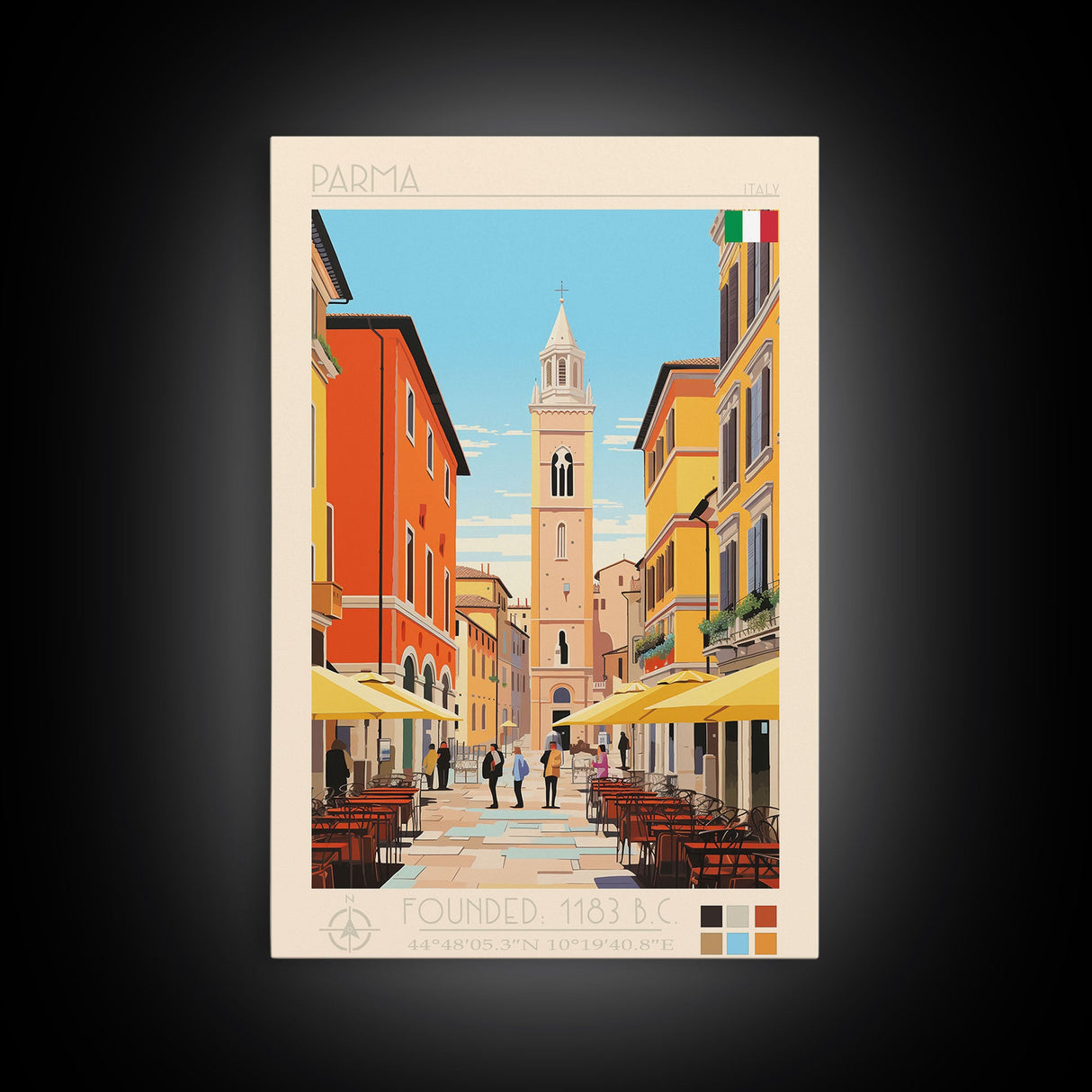 Parma Italy Travel Poster Framed Canvas Print, Midcentury Modern Art, Pop Art Wall Decor, Scenic Wall Art, Bedroom Decoration