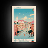 Salerno Italy Travel Poster Framed Canvas Print, Midcentury Modern Art, Pop Art Wall Decor, Home Decor, Office Gift, Living Room Art
