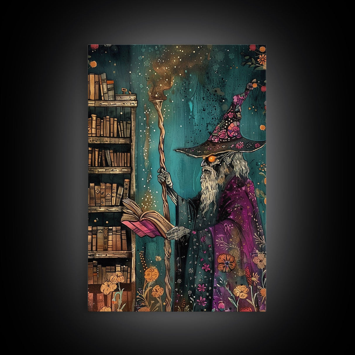 Halloween Eerie Wizard in Haunted Library Framed Canvas Print, Gothic Wall Art, Home Decor, Witchcraft Decor, Gift Idea, Enchanted Study