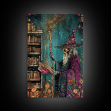 Halloween Eerie Wizard in Haunted Library Framed Canvas Print, Gothic Wall Art, Home Decor, Witchcraft Decor, Gift Idea, Enchanted Study
