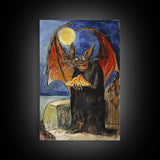 Halloween Vampire Bat with Pizza Under Full Moon Framed Canvas Print, Humorous Wall Art, Home Decor, Whimsical Decor, Gift Idea, Spooky Fun