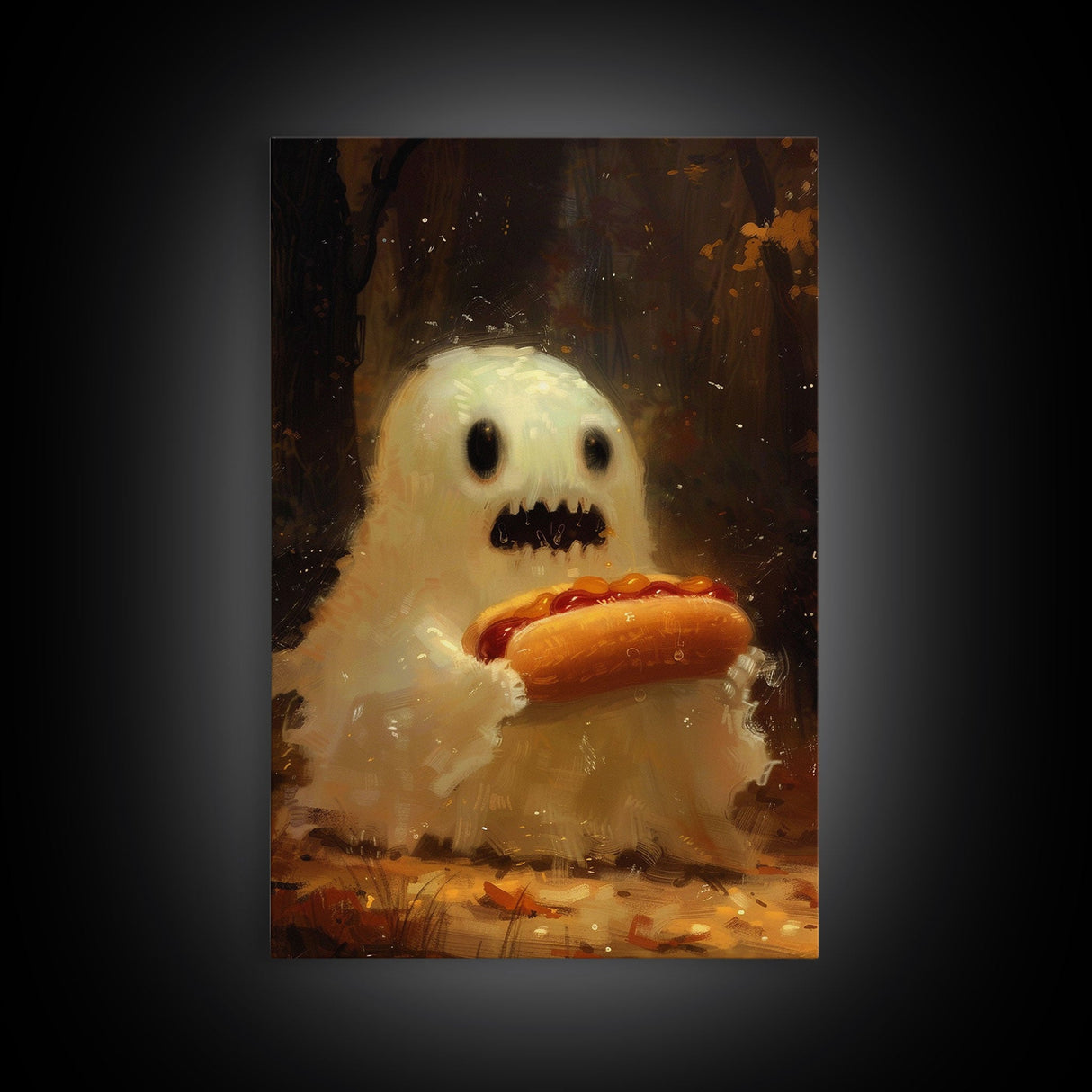 CHOMP! Cute Lil Ghost Eatin' a Dog, The Hot Dog Ghost, Haunted Hot Dog Thief, Framed Canvas Print, Halloween Art