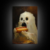 Ghostly Hot Dog Thief, Cute Lil Ghost Eatin' a Dog, The Hot Dog Ghost, Haunted Hot Dog Thief, Framed Canvas Print, Halloween Art