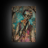 Halloween Zombie Eating Pizza, Framed Canvas Print, Wall Art, Living Room Decor, Spooky, Zombie Art, Original Painting, Home Decor