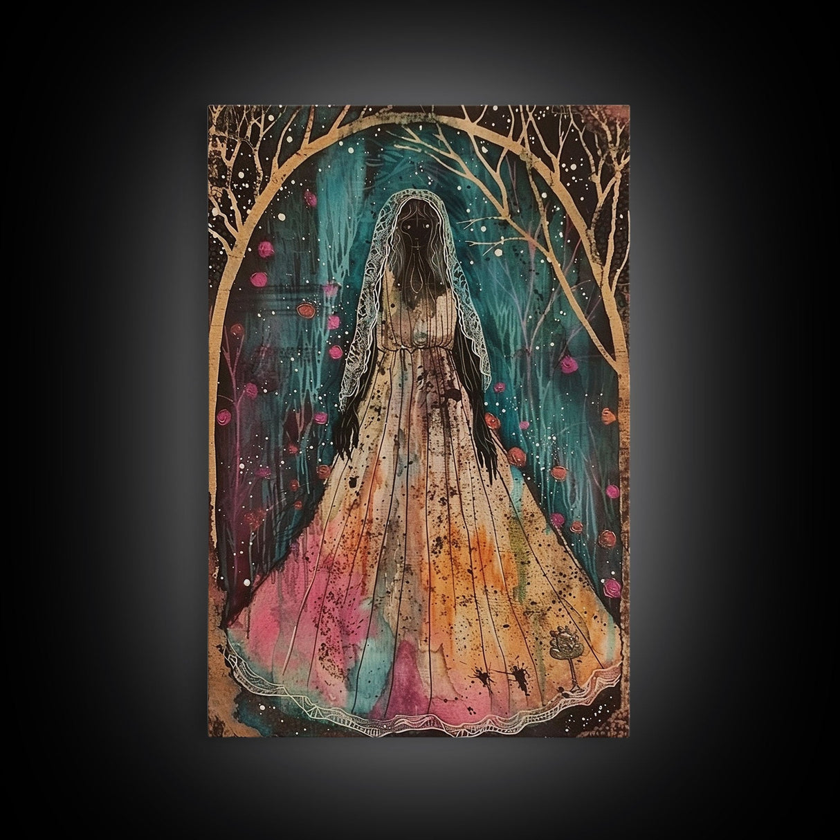 Halloween Veiled Ghost in Cemetery, Framed Canvas Print, Wall Art, Living Room Decor, Spooky, Ghost Art, Original Painting, Home Decor