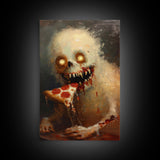 Halloween Ghost with Pizza Framed Canvas Print, Unique Spooky Decor, Living Room Art, Fun Halloween Wall Art, Home Decor, Retro Style Art