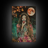 Ghostly Witch With Red Apple, Framed Canvas Print, Wall Art, Spooky Decor, Halloween Decoration, Living Room Art, Unique Gift