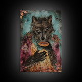 Halloween Werewolf Holding Hotdog, Framed Canvas Print, Wall Art, Home Decor, Spooky Artwork, Fantasy Decor, Halloween Decor