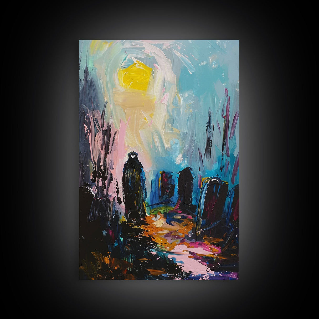 Creepy Haunted Cemetary Framed Canvas Print Halloween Art, Impasto Style Spooky Season Decor