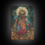 Creepy Moonlit Scarecrow Framed Canvas Print | Halloween Art | Spooky Harvest Artwork | Sinister Scarecrow Art for Home Decor