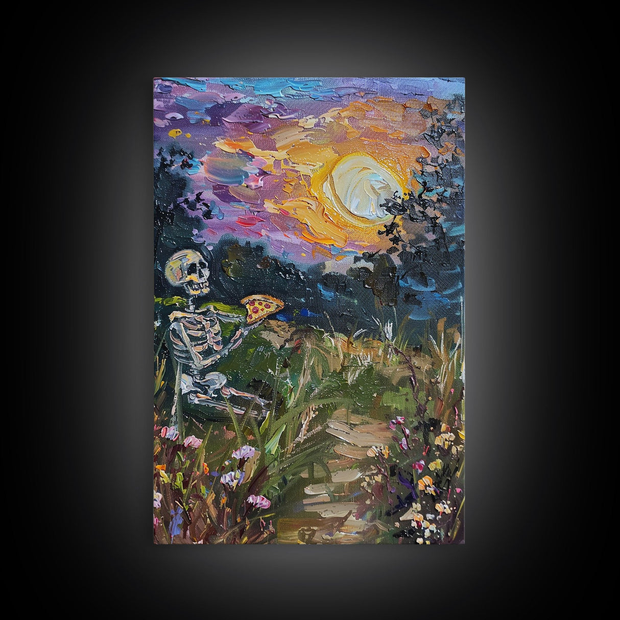 Graveyard Pizza Party Framed Canvas print, Skeleton Eating Pizza In a Cemetary Halloween Decor