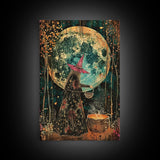 Witch Preparing Spell Under Full Moon Framed Canvas Print | Halloween Witch Art | Enchanted Witch Decor for Home | Halloween Artwork