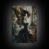 Dark Gothic Fairy with Butterfly Wings| Halloween Wall Art | Spooky Home Decor | Creepy Gothic Fairy Painting | Framed Canvas Print