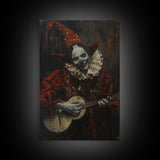 Creepy Clown Playing Guitar, Framed Canvas Print, Spooky Circus Art, Halloween Wall Decor, Horror Clown Illustration, Creepy Home Decor