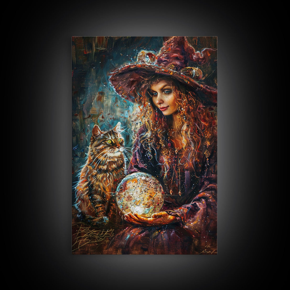 Enchanting Witch with Crystal Ball, Framed Canvas Print, Mystical Halloween Art, Spooky Witch Decor, Witchcraft Illustration, Magical Decor