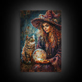Enchanting Witch with Crystal Ball, Framed Canvas Print, Mystical Halloween Art, Spooky Witch Decor, Witchcraft Illustration, Magical Decor