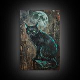 Black Cat with Piercing Green Eyes, Framed Canvas Print, Spooky Cat Art, Witchy Feline Decor, Halloween Wall Art, Gothic Cat Decor
