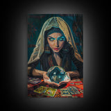 Enchanting Fortune Teller with Crystal Ball Under Moonlight - Mystical Witchcraft Framed Canvas Print, Halloween Gothic Home Decor