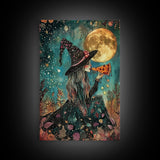 Spring Witch and Her Slice Of Pizza, Framed Canvas Print, Cute / Funny Halloween Art