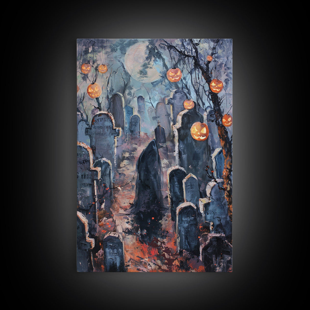 Jack-o'-Lantern Graveyard Canvas Print - Halloween Art, Spooky Home Decor, Cemtary Wall Art Pumpkin Art Halloween Decor, Framed Canvas Print