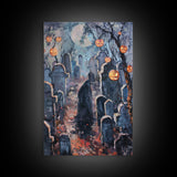 Jack-o'-Lantern Graveyard Canvas Print - Halloween Art, Spooky Home Decor, Cemtary Wall Art Pumpkin Art Halloween Decor, Framed Canvas Print
