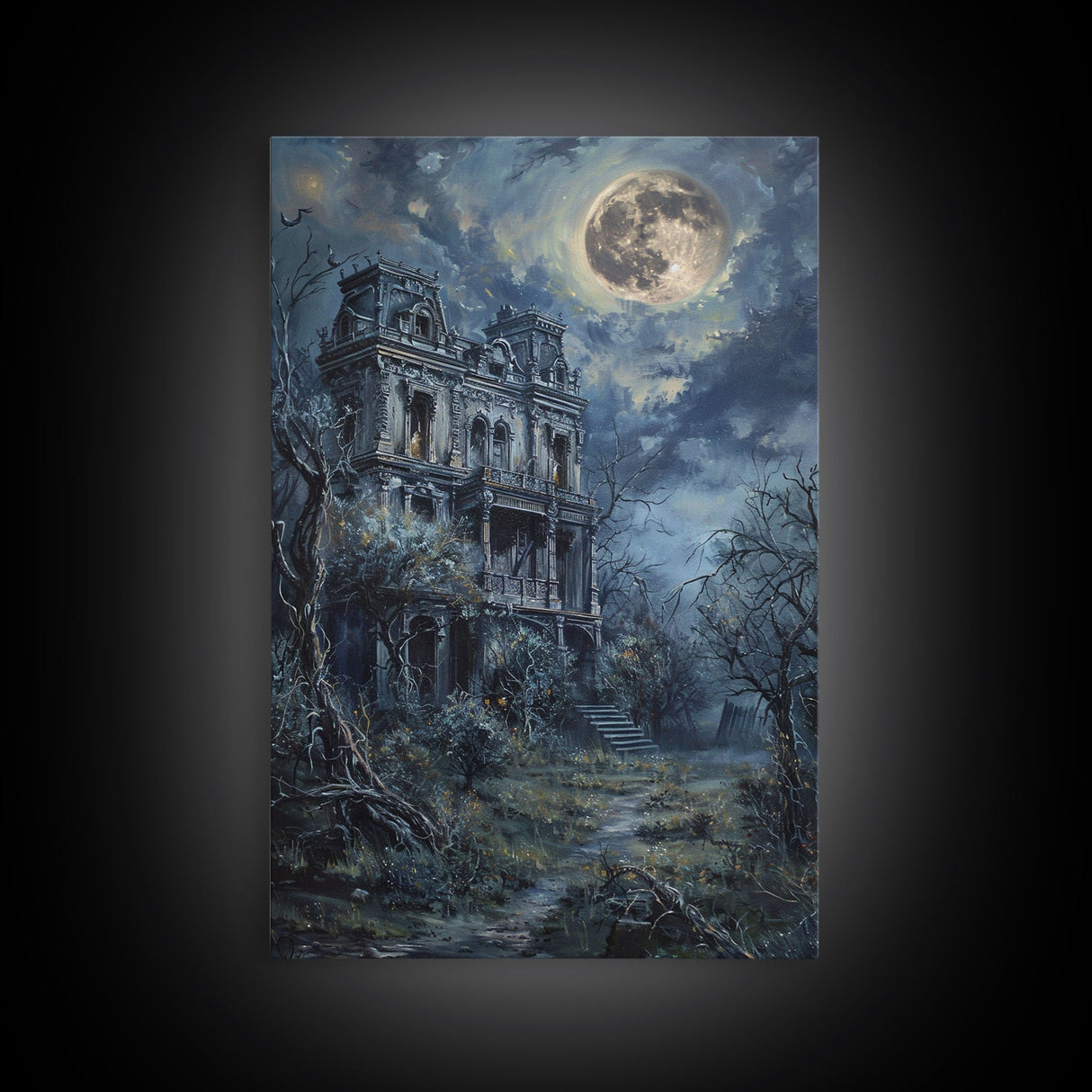 Haunted Victorian Mansion Halloween Art, Spooky House, Haunted Home, Creepy Building, Gothic Decor, Framed Canvas Print