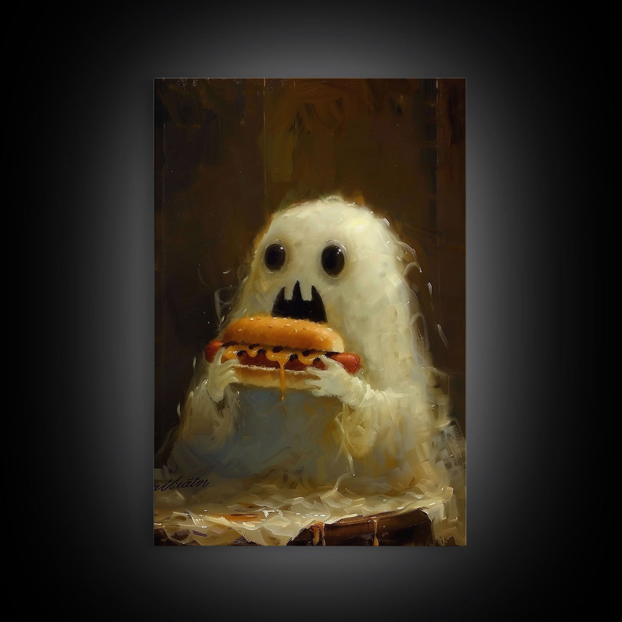 Cute Ghost Chompin on A Hot Dog, Ghostly Hot Dog Thief, Framed Canvas Print, Funny Halloween Spooky Season Art