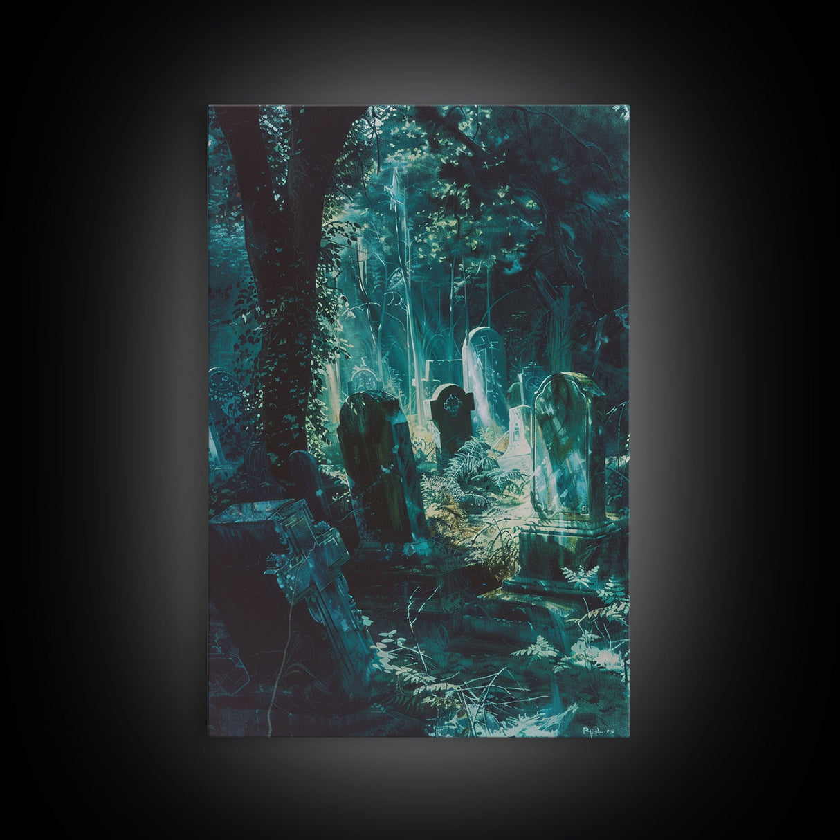 Haunted Graveyard Framed Canvas Print, Halloween Wall Art, Spooky Cemetery, Midnight Shadows, Haunted Forest, Ghostly Vibes, Gothic Decor