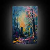 Haunted Forest Graveyard Framed Canvas Print, Spooky Cemetery Art, Halloween, Eerie Graveyard Decor, Gothic Artwork, Framed Canvas Print