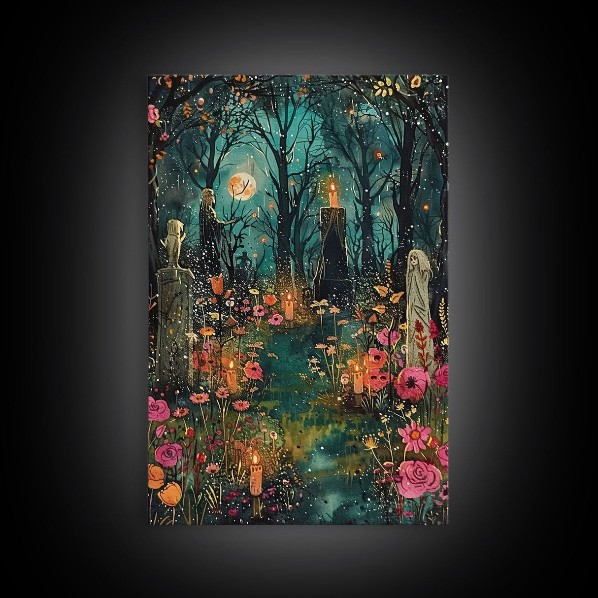 Haunted Graveyard with Flowers Framed Canvas Print, Wall Art, Halloween Cemetery Art, Spooky Home Decor, Ghostly Garden Painting