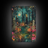 Haunted Graveyard with Flowers Framed Canvas Print, Wall Art, Halloween Cemetery Art, Spooky Home Decor, Ghostly Garden Painting