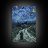 Haunted Road with Jack-O-Lanterns Framed Canvas Print, Halloween Wall Art, Starry Night Inspired, Home Decor, Spooky Art, Living Room Decor