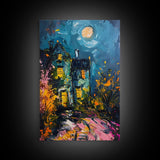 Haunted House with Glowing Windows Framed Canvas Print, Halloween Wall Art, Spooky Art, Home Decor, Living Room Decor, Gothic Artwork