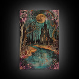 Haunted Castle by the Lake Framed Canvas Print, Halloween Wall Art, Spooky Art, Home Decor, Living Room Decor, Gothic Artwork, Creepy Castle