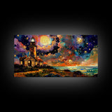 The Light House, Abstract Art, Framed Canvas Print, Original Midcentury Style Lighthouse Painting Wall Decor