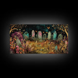 Colorful Haunted Grave Yard In The Spring Time, Framed Canvas Print, Spooky Wall Art, Halloween Spooky Season Decor