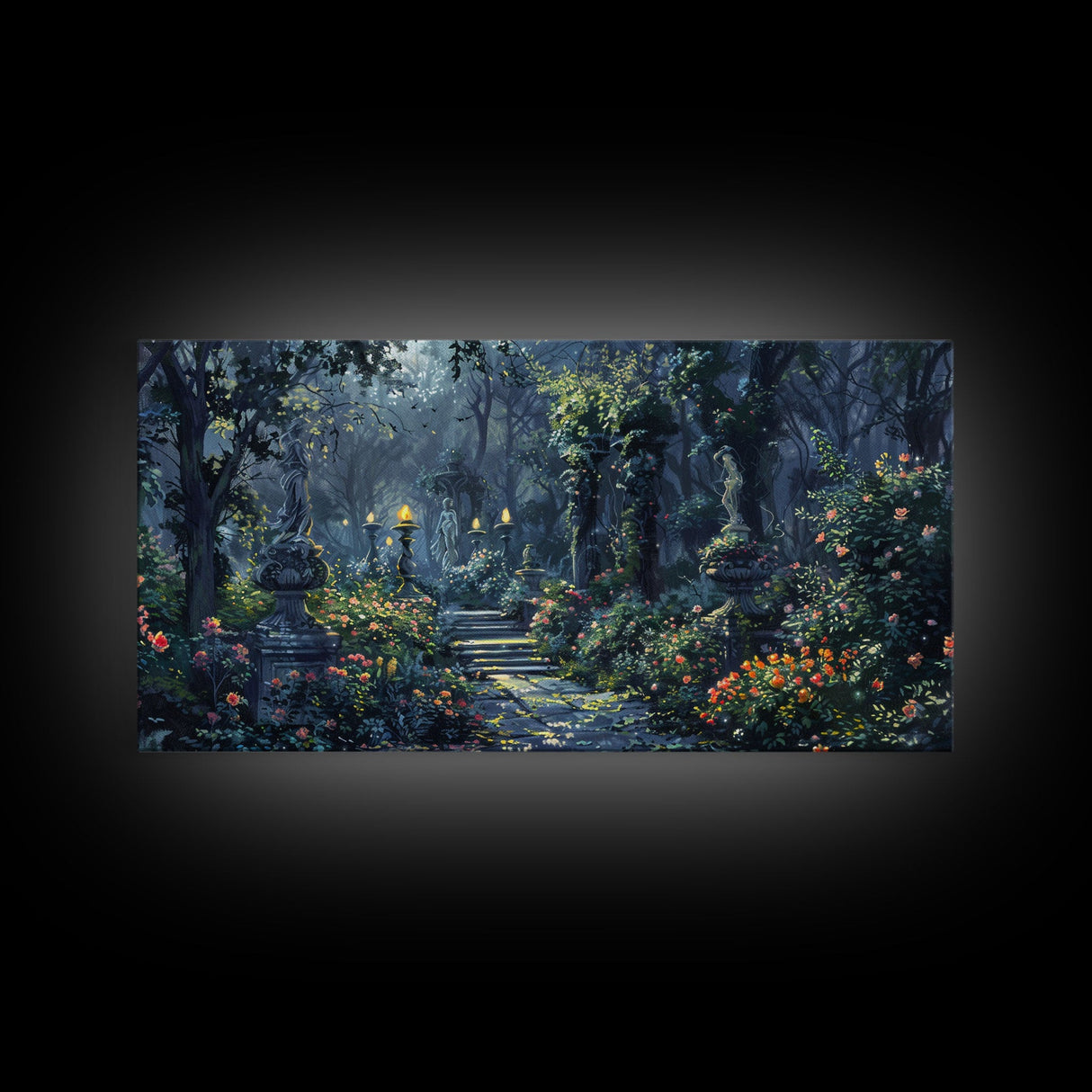 Creepy Victorian Hedge Maze, Haunted Cemetary Framed Canvas Print, Spooky Season Wall Art