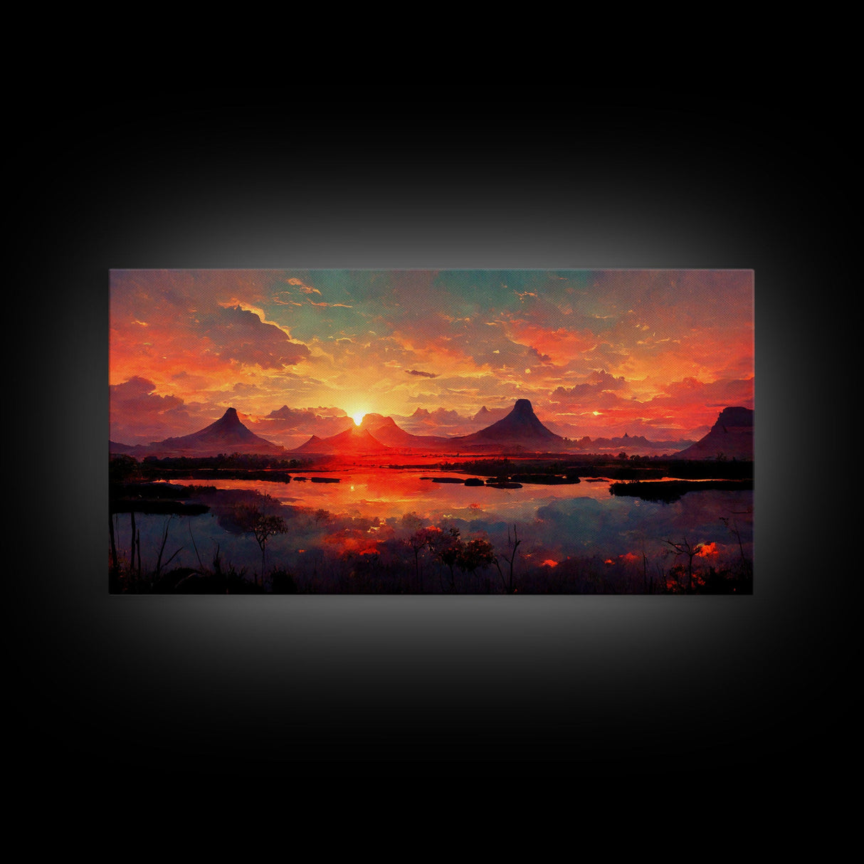 Mountain and Lake Sunset Wall Art Oil Painting On Canvas, Canvas Print, Ready to hang gallery wrapped nature framed canvas print, lake life