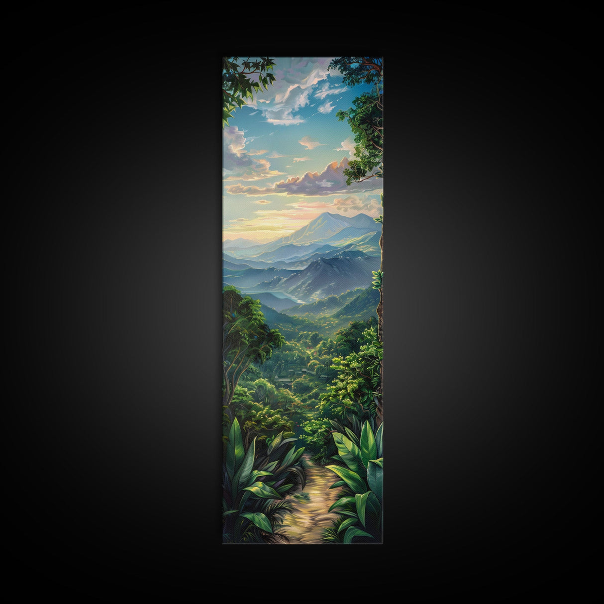 Jungle Landscape Canvas Painting, Tropical Wall Art Print, Mountain Art Printed on Framed Canvas, Oversized Narrow Landscape Art