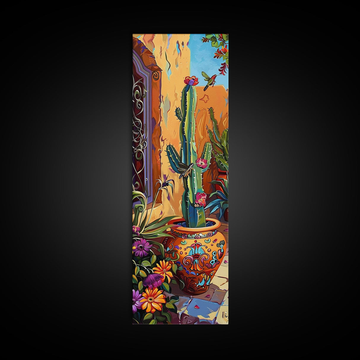 Colorful Canvas Painting of Cactus Framed, Botanical Wall Art Print, Spanish Inspired Canvas Painting, Long and Narrow Living Room Wall Art
